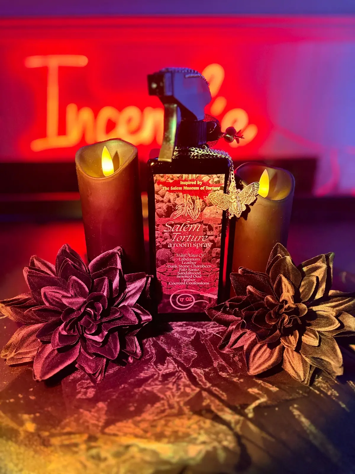 Leather and oud room spray created for the Salem Museum of Torture